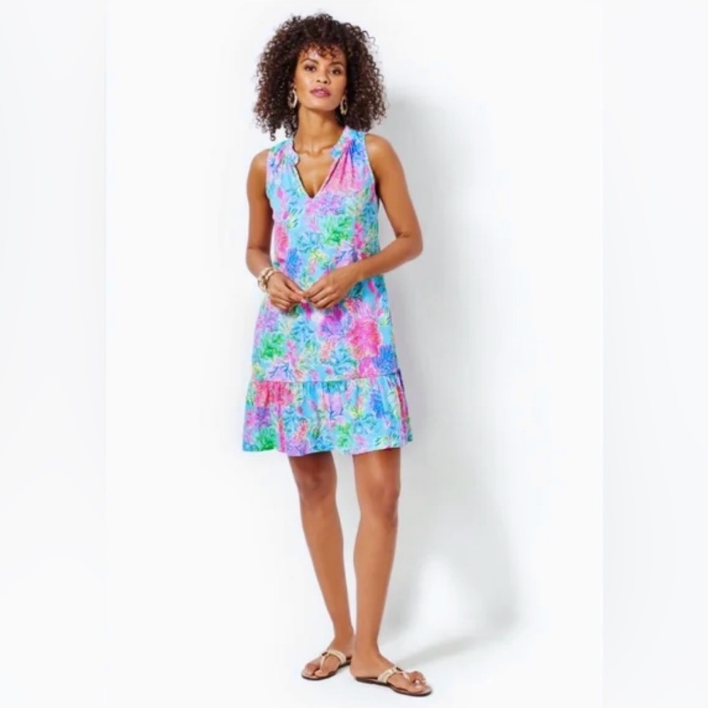 Lilly Pulitzer 100% Cotton Floral Halter Neck Ruffled Hem Malone Mini Dress